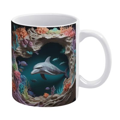 3D Dolphin Ceramic Mug, 3D Hole In A Wall Tea Mug, 3D Ocean Corals Coffee Unique Coffee Mug 11Oz | Funny Coffee Mug Novelty Gag Gift For Coffee Lovers