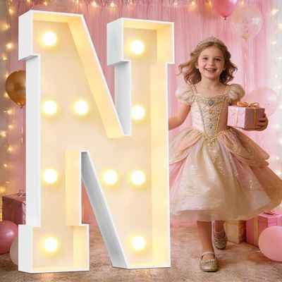 Pooqla 3FT Marquee Light Up Letters, Large Mosaic LED Marquee Letter 3 Feet Birthday Decor, Giant Light Up Letters for Balloons Anniversary Party Decoration, Warm White N