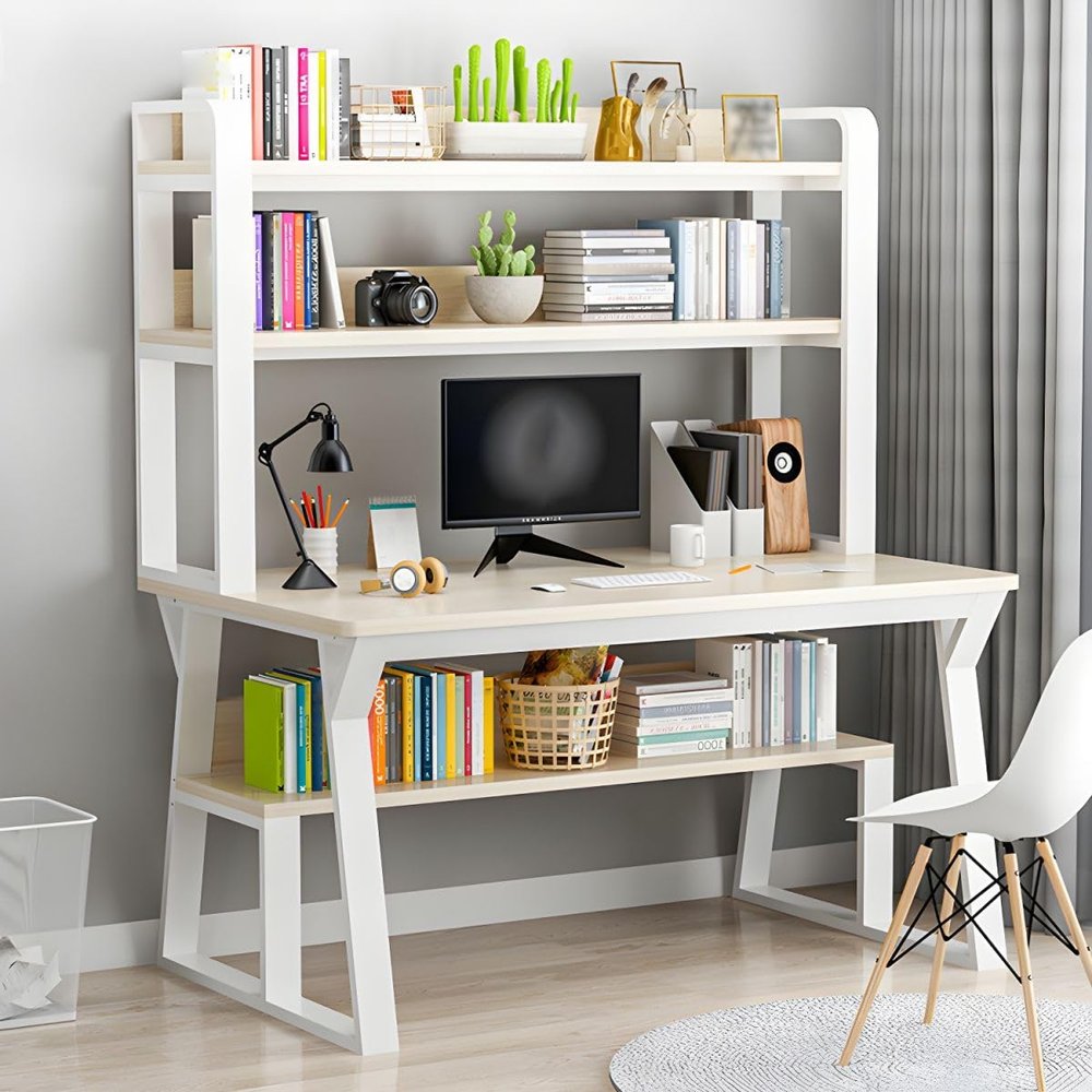 KWOKING Modern Wood Office Desk with Exterior Shelving and Metal Base - Without Chairs Computer Desk Desktop Desk Student Desk Writing Desk Study Table White with 3 Shelves 31" L x 20" W x 29" H