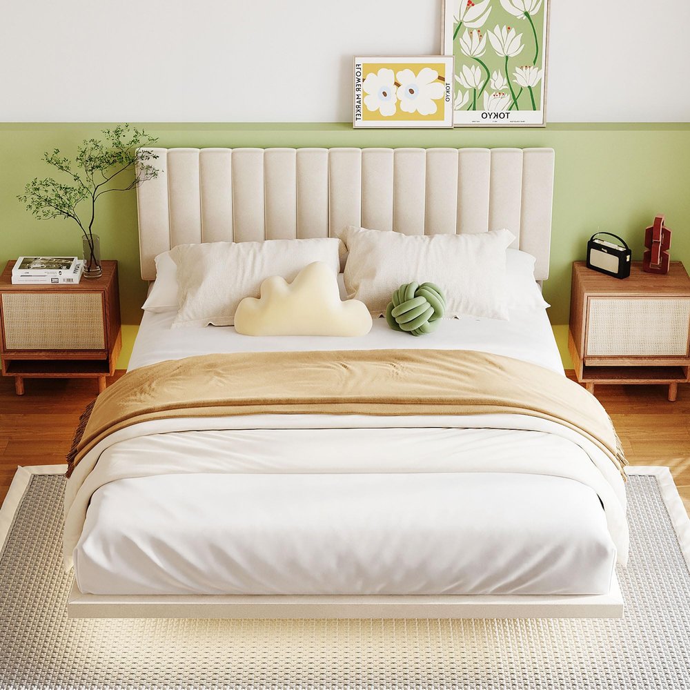 Elefesign Queen Size Upholstered Bed with Sensor Light and Headboard, Floating Velvet Platform Bed, Beige