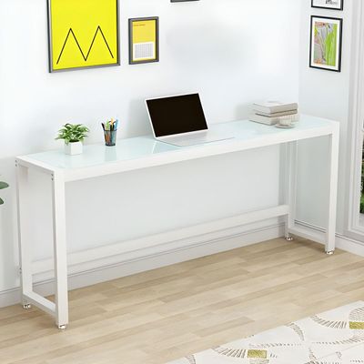 KWOKING Glass Top Rectangular Writing Desk 29 Inch Tall Office Desk - Without Chairs Tempered Glass Long Table Economical Bedroom Computer Narrow Table Wall Desk White 39" L x 20" W x 29" H
