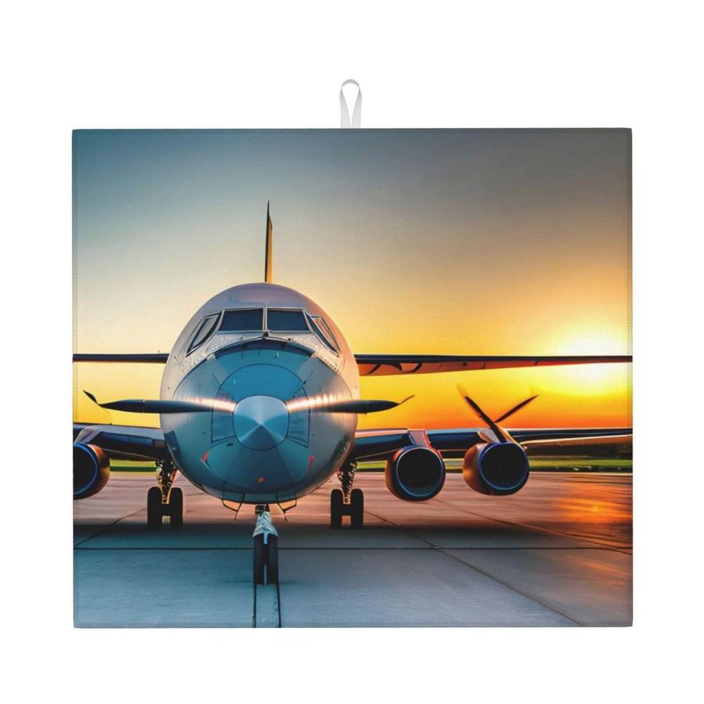 Aircraft Plane At Sunsets Exquisite Easy-Clean Microfiber Dish Mat,Perfect For Draining And Drying All Your Kitchenware