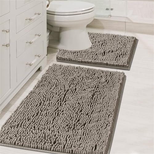 Chenille Bath Mat, 2 Piece Non Slip Bathroom Mat for Bathroom, Absorbent Washable Toilet Mat, Soft Plush Bathroom Rug, Shower Mat Shaggy Rug for Bathroom (20x32in+20x20in,Gray Brown)