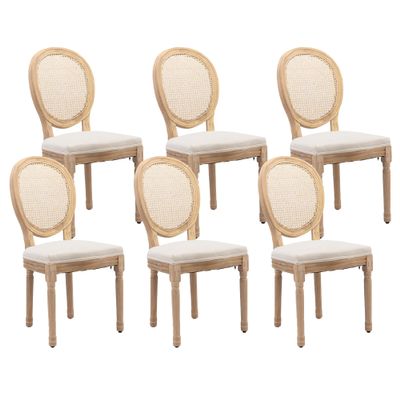 HMFULE French Country Dining Chairs Set of 6, Rattan Dining Chair with Linen Fabric and Carved Solid Wood Frame Farmhouse Dining Room Chairs for Living Room, Kitchen, Restaurant Rattan Beige