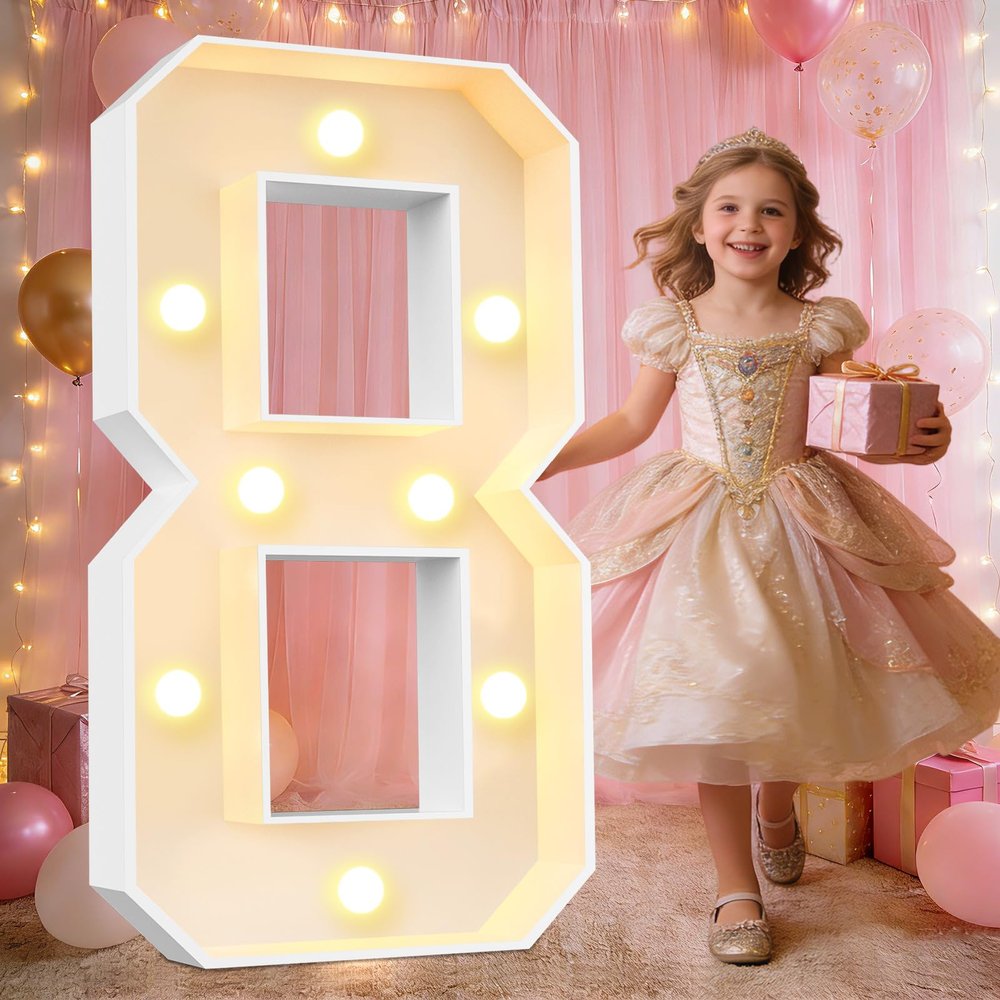 Pooqla 3FT Light Up Numbers, Warm White LED Large Lighted Marquee Number, Giant Mosaic Light Up Numbers for Balloons 8th 18th 80th Birthday Decoration Anniversary Party Decor, LED Number 8