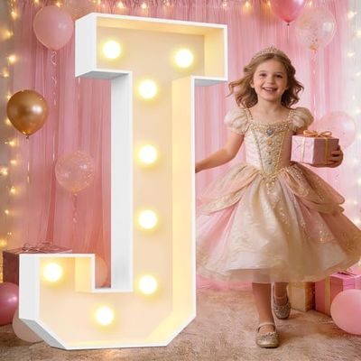 Pooqla 3FT Marquee Light Up Letters, LED Letters Big Mosaic Marquee Letters 3 Feet Tall, Giant Letter Sign for Balloons Birthday Anniversary Wedding Party Decoration, Warm White Letter J
