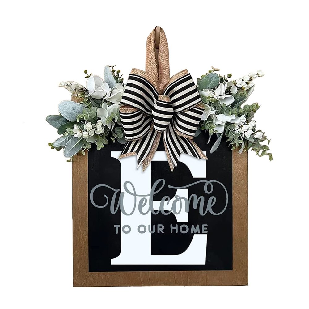 11.8inch Letter Welcome Sign for Front Door,26 Letter Farmhouse Wreath with Eucalyptus Garland and Bow,Front Door Wreath for Front Door Outside Hanger (E)