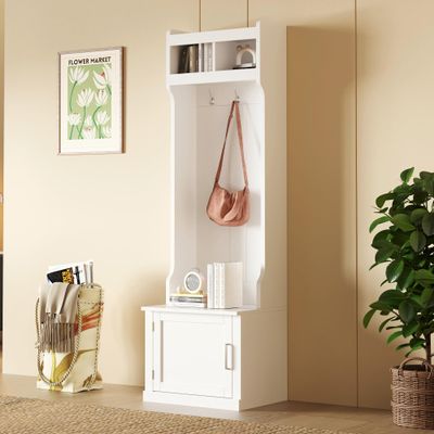 LUMISOL Slim Entryway Hall Tree with 6 Hanging Hooks, Hallway Coat Rack with Top Shelf and Cabinet, Entryway Bench with Storage Shelf, White