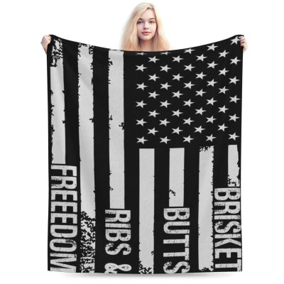 Brisket Butts Ribs and Freedom U.S.A.Flag Throw Blanket for Couch Bed Sofa Blankets Super Soft Warm Cozy 50"x40" Flannel Throw Blanket