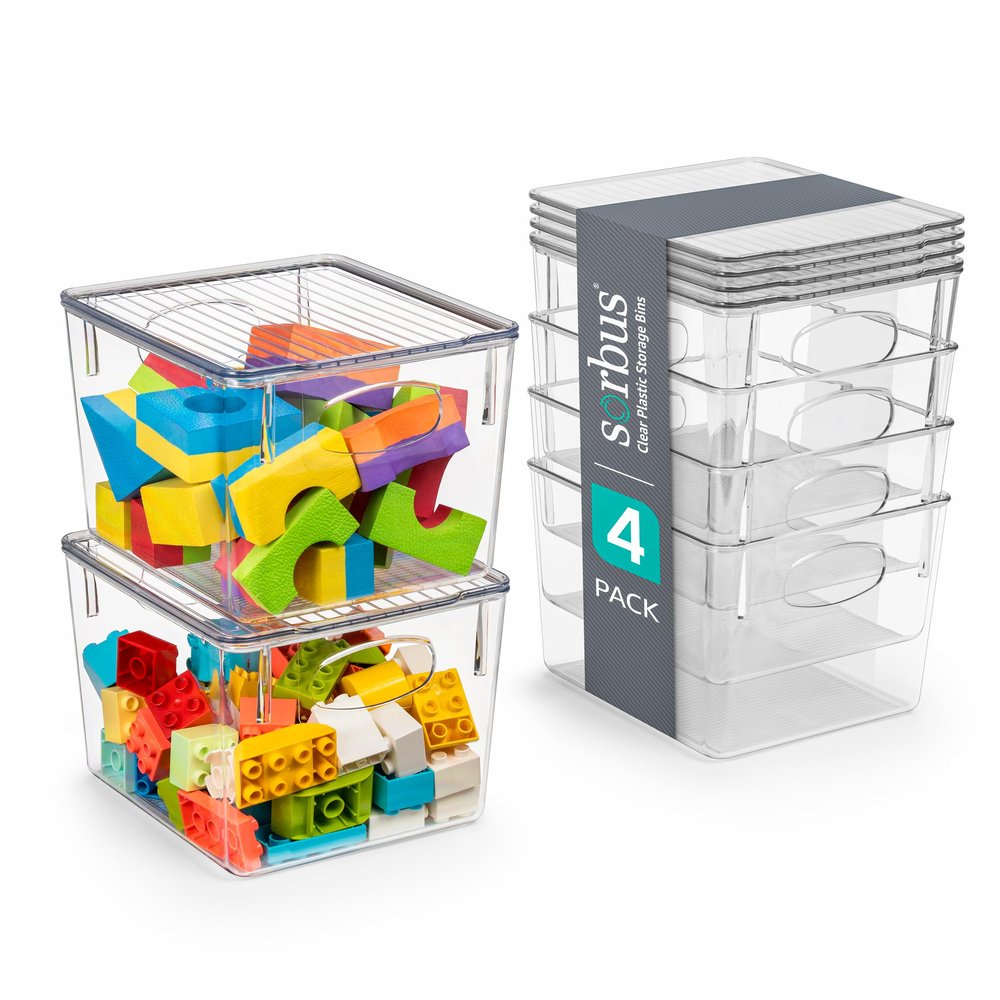 Sorbus Medium Plastic Storage Bins with Lids, Stackable Toy, Clothes, Medicine, Makeup, Closet, Art Supply, Bathroom, Shoe, Toy Organizer (4 Pack)