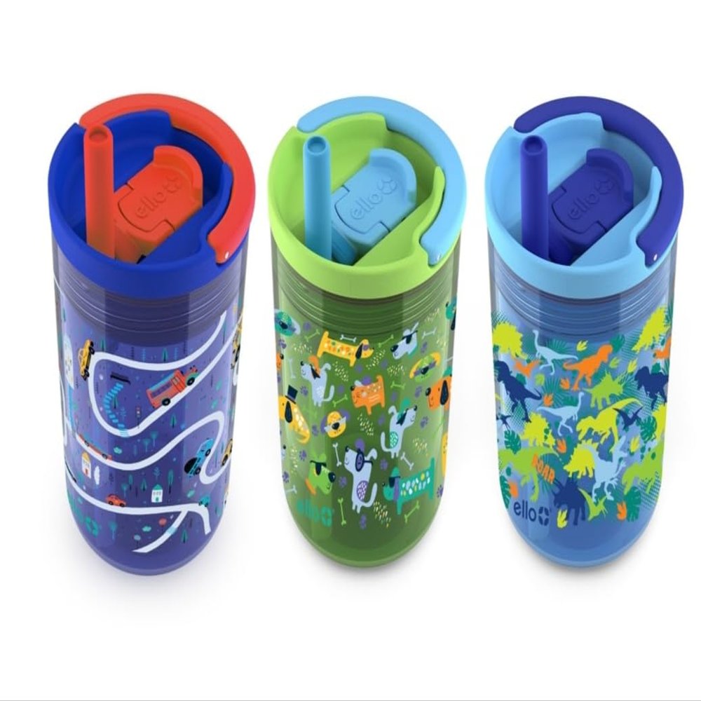 Ello Kids Bop 12 oz Spill Resistant Tritan Tumbler With Removable Straw | Built In Carry Handle | 3 Pack (Cars, Dogs, Dinos)