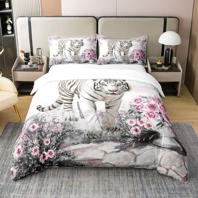Castle Fairy Full Size Duvet Cover Set Rose Flower Tiger Comforter Cover Set 100% Pure Cotton Multicolor Floral Botanical Duvet Cover Set Wildlife Animals White Tiger Bedding Set 3 Pcs(Not Comforter)