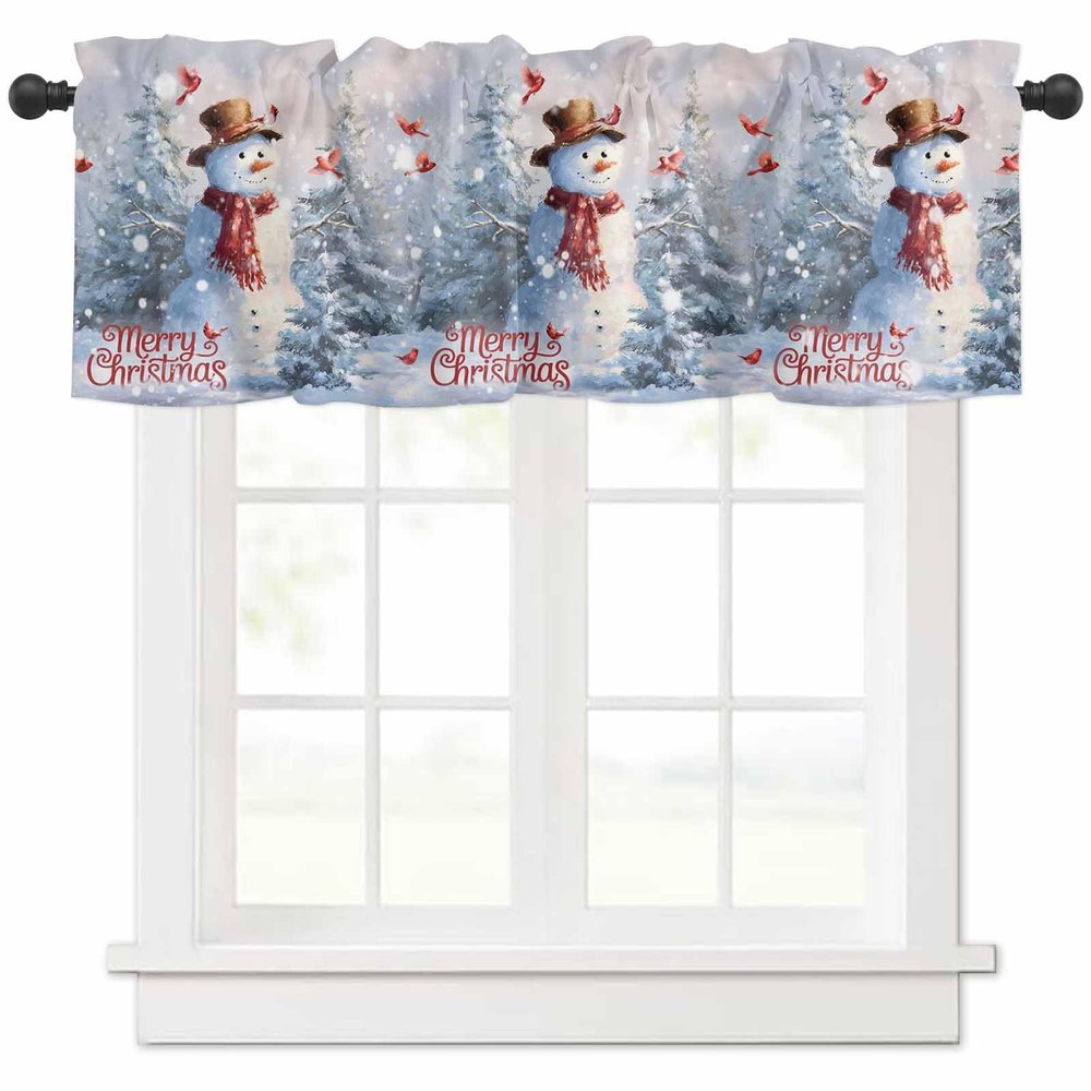 Anzona Curtain Valance 60" x 18", Merry Christmas Snowman Window Valances Rod Pocket Curtains Drapes, Christmas Tree Gift Box Scarf Short Topper Curtain for Kitchen Cafe Living Room, 1 Panel