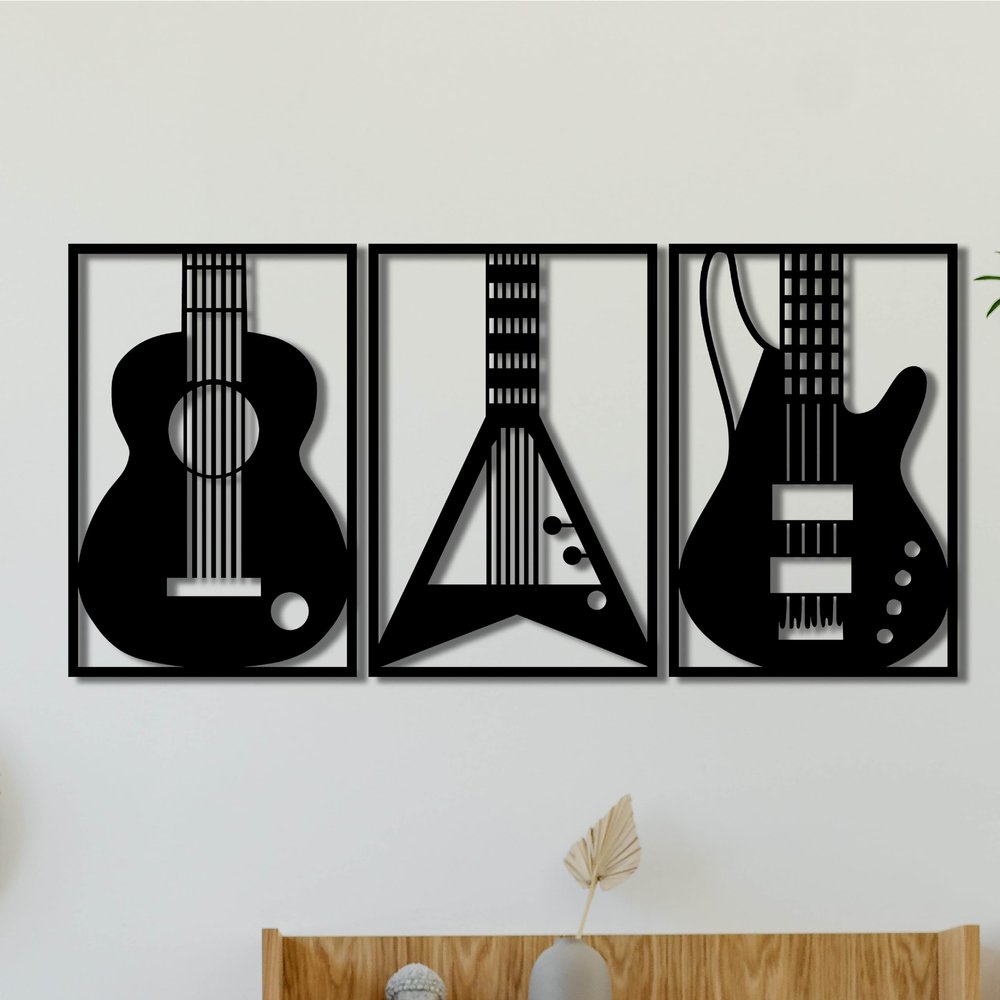 KAWA METALWORKS Guitar Wall Art Metal Home Decor, 3 Piece Metal Music Wall Art, Modern Metal Wall Decor for Music Lovers, Gift for Guitar Players
