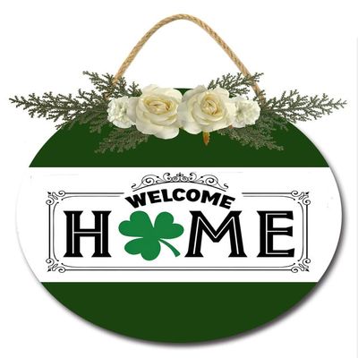Bidesign Welcome Home St.Patricks Day Sign For Front Door Porch Decor Green Shamrock Clover Farmhouse Wood Door Hanger Rustic Wreath Wall Boho Decorations Outdoor Indoor