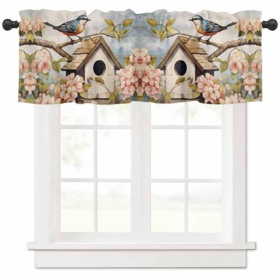 Anzona Curtain Valance 42" x 12", Spring Vintage Birdhouse Window Valances Rod Pocket Curtains Drapes, Spring Birds Floral Short Topper Curtain for Kitchen Cafe Living Room, 1 Panel