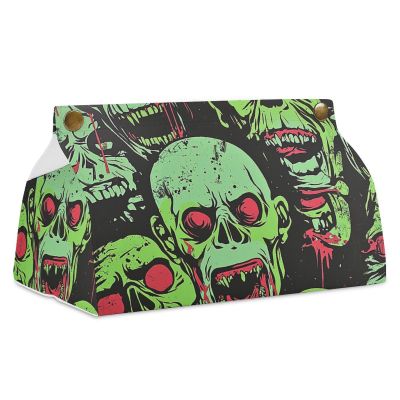 Green Skull Pattern Tissue Box Cover, PU Leather Rectangular Tissue Box Case Organizer Holder Vanity Dresser Night Stand Table Countertop Home Office Car 7.7X4.7X4.3''