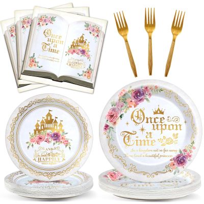 96Pcs Fairytale Princess Plates and Napkins Once Upon a Time Party Tableware Set Plates for Wedding Girl Pink Floral Gold Castle Dinnerware for Birthday Party Baby Shower Decoration Supplies Serve 24