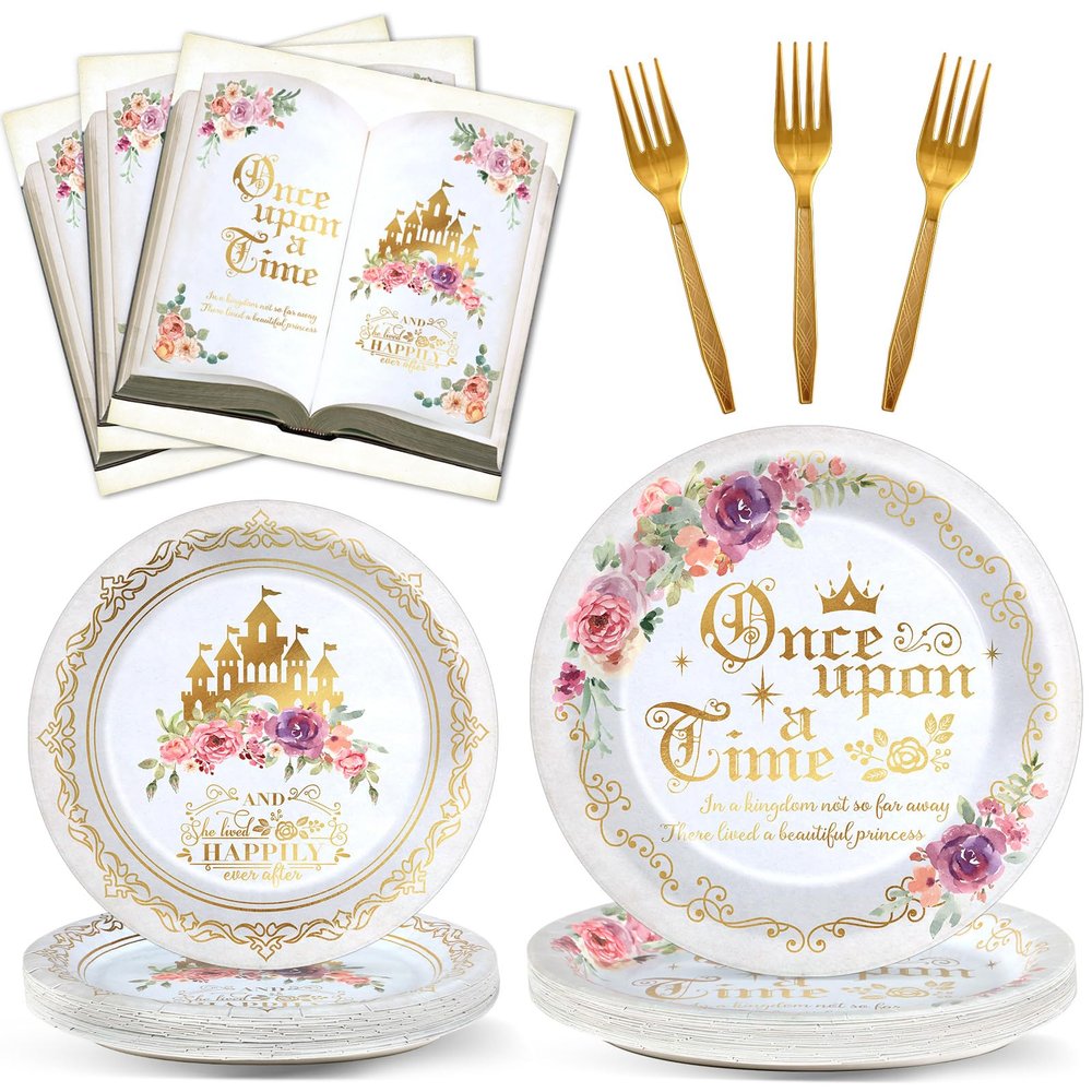 96Pcs Fairytale Princess Plates and Napkins Once Upon a Time Party Tableware Set Plates for Wedding Girl Pink Floral Gold Castle Dinnerware for Birthday Party Baby Shower Decoration Supplies Serve 24