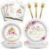 96Pcs Fairytale Princess Plates and Napkins Once Upon a Time Party Tableware Set Plates for Wedding Girl Pink Floral Gold Castle Dinnerware for Birthday Party Baby Shower Decoration Supplies Serve 24 view 1