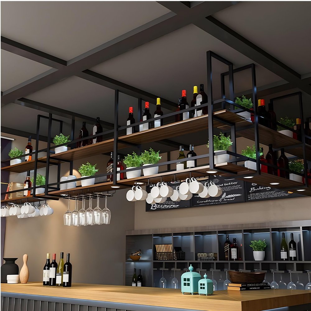Yopappol Ceiling-Mount Shelf, Hanging Wine Bottle Holder Plant Stand Decorative Display Storage Rack, Metal Floating Shelves for Restaurant, Kitchen, Bar - Easy to Install (Size : 60x30x80cm)