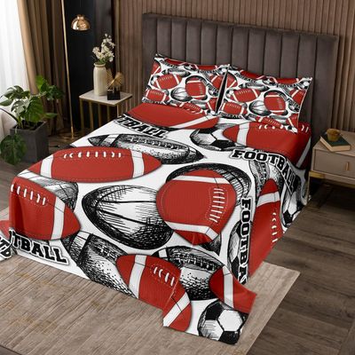 American Football Teens Bedspread Queen Size,Basketball Soccer Ball Sports Games Coverlet Set,Boys Men Room Decor,Hand-Painted Sketch Modern Quilted Coverlet,Fashion Bedding Quilt,2 Pillowcases