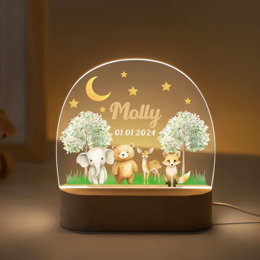 Goodqueen Personalized Forest Animals Acrylic Lamp with Name, Custom Elephant Bear Deer Acrylic Lamp for Baby, Customized Moon Stars Baby Night Light Personalized Gifts for Boys Girls Toddlers Kids