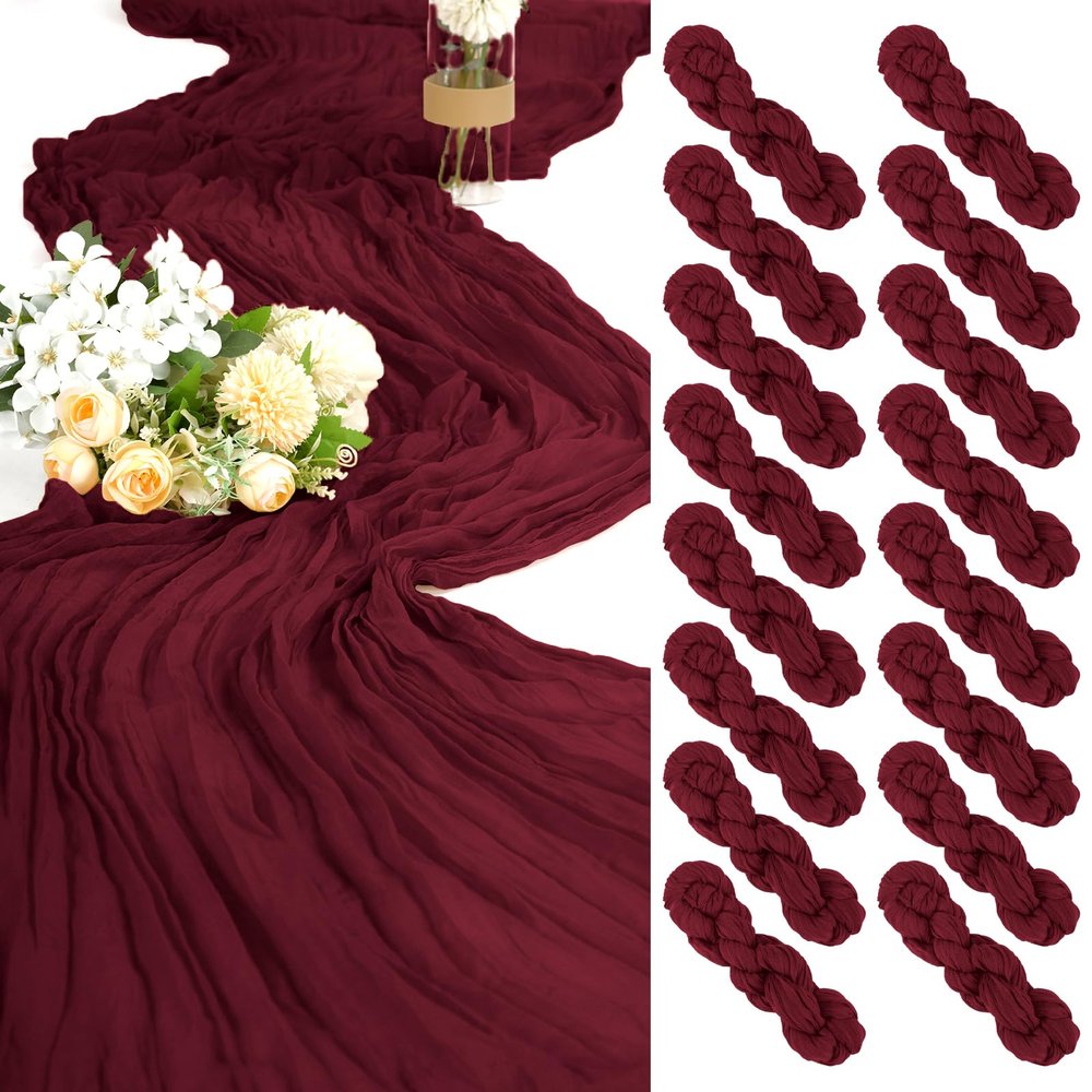 16 Pack Cheesecloth Table Runner Burgundy, 35 x 70 Inch Gauze Cheese Cloth Runner Rustic Boho Wedding Table Runners for Wedding Birthday Party Bridal Shower Cake Decoration