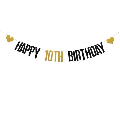 Cortelle DONGLYJL Black and Gold Glitter Happy 10th Birthday Banner for 10 Years Old 10th Birthday Party Decorations Supplies Pre-Strung HAPPY 10TH BIRTHDAY