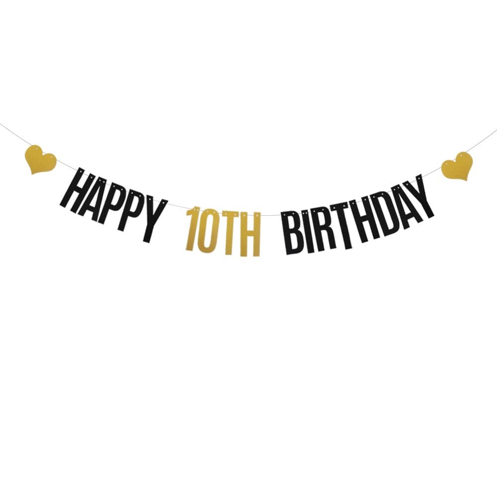 Cortelle DONGLYJL Black and Gold Glitter Happy 10th Birthday Banner for 10 Years Old 10th Birthday Party Decorations Supplies Pre-Strung HAPPY 10TH BIRTHDAY