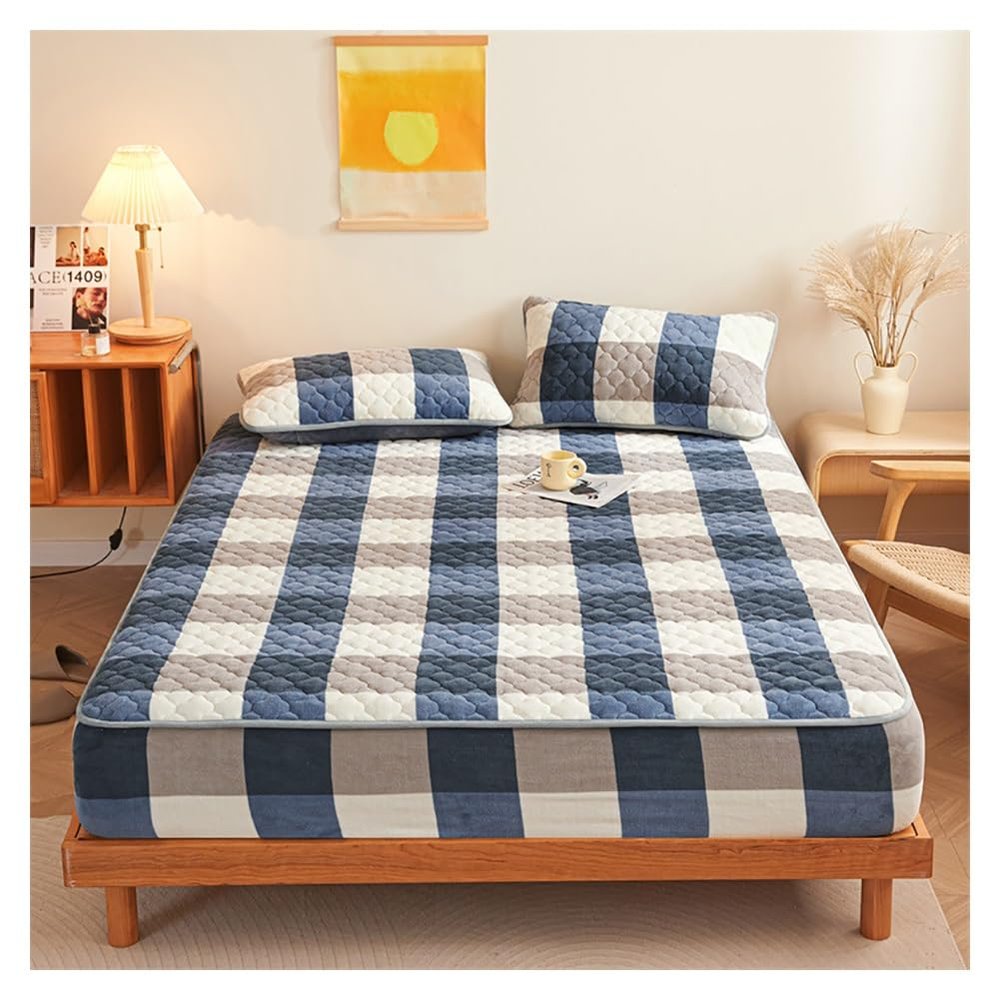 Queen King Thickened Plush Mattress Cover Warm Soft Milk Velvet Bed Fitted Sheet Breathable Elastic Fitted Mattress Protector Washable Quilted Mattress Pad ( Color : #01 , Size : Queen-150*200cm )