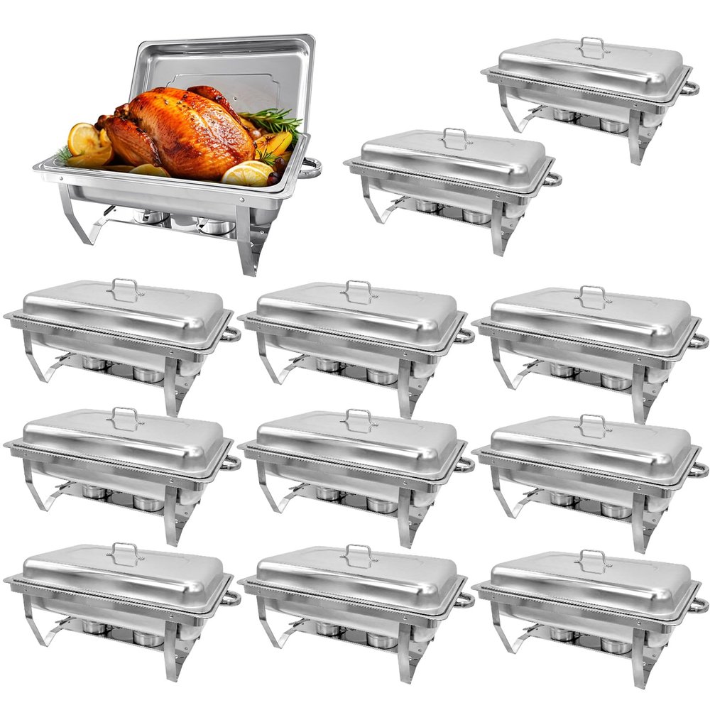 EVGTTI 12 Pack Stainless Steel Chafing Dishes 8 Quart Full Size Chafing Dish Buffet Set Silver Rectangular Catering Chafer Warmer for Buffet Banquet Party Catering Supplies