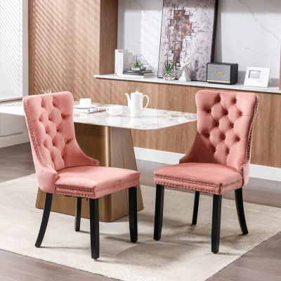 DESIGNER97 Modern Classic High-end Velvet Dining Chair Set of 2, Tufted Solid Wood Contemporary Upholstered with Wood Legs Nailhead Trim, Rivet, Pink