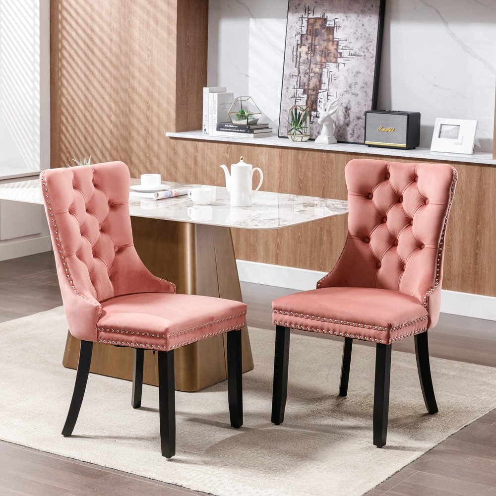 DESIGNER97 Modern Classic High-end Velvet Dining Chair Set of 2, Tufted Solid Wood Contemporary Upholstered with Wood Legs Nailhead Trim, Rivet, Pink
