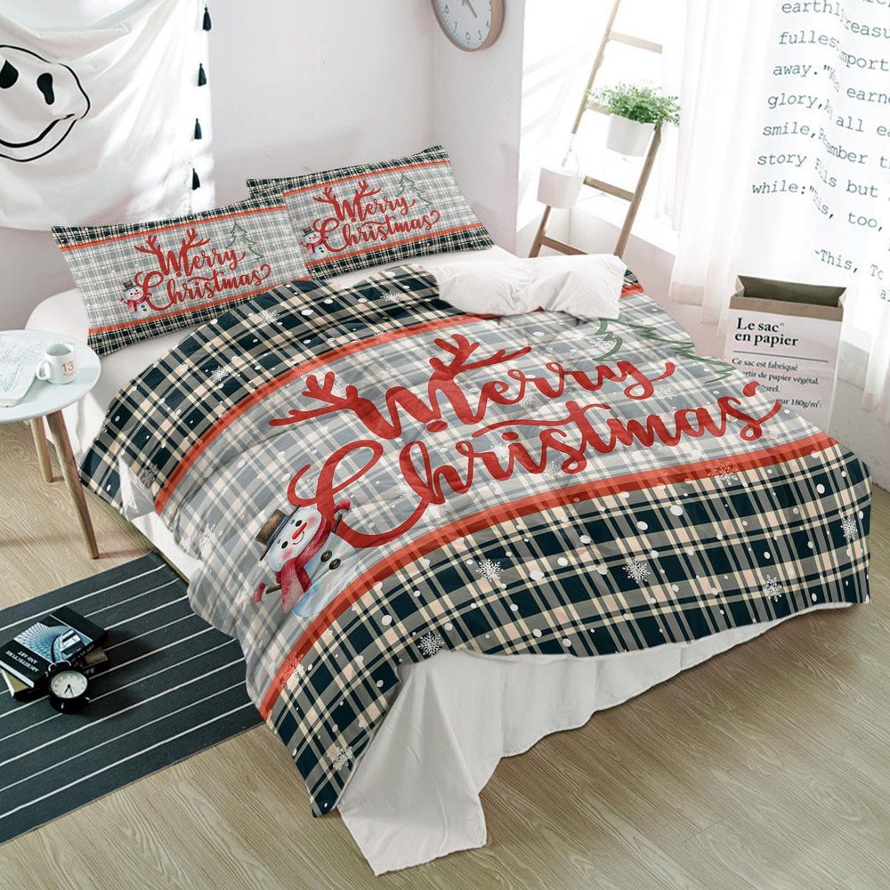 3 Piece Bedding Set,Snowman Merry Christmas Winter Snowflakes Breathable Duvet Cover Super Soft Pillow Shams,Xmad Tree Retro Tartan Washable Bed Sets All Seasons for Bedroom Dorm Hotel RV
