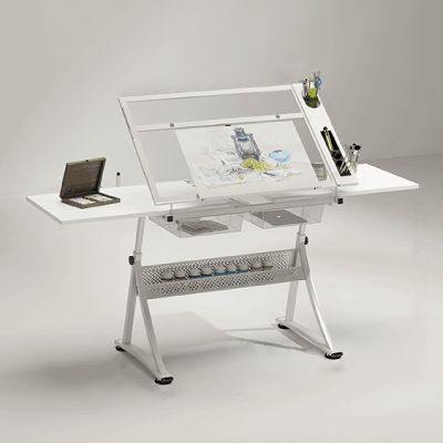 Drafting Table Desk Artist Desk, 0-50 Tilting Acrylic Top, (25.6"-35.4") Height Adjustable, All-in-One Art Desk for Reading, Writing, Crafting, Painting Art (Color : White, Size : 2*Side Tray)