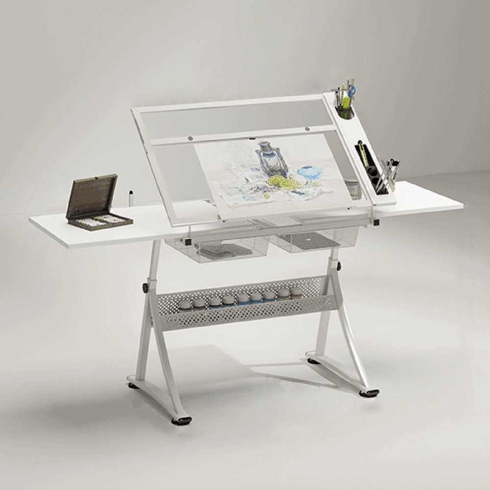 Drafting Table Desk Artist Desk, 0-50 Tilting Acrylic Top, (25.6"-35.4") Height Adjustable, All-in-One Art Desk for Reading, Writing, Crafting, Painting Art (Color : White, Size : 2*Side Tray)