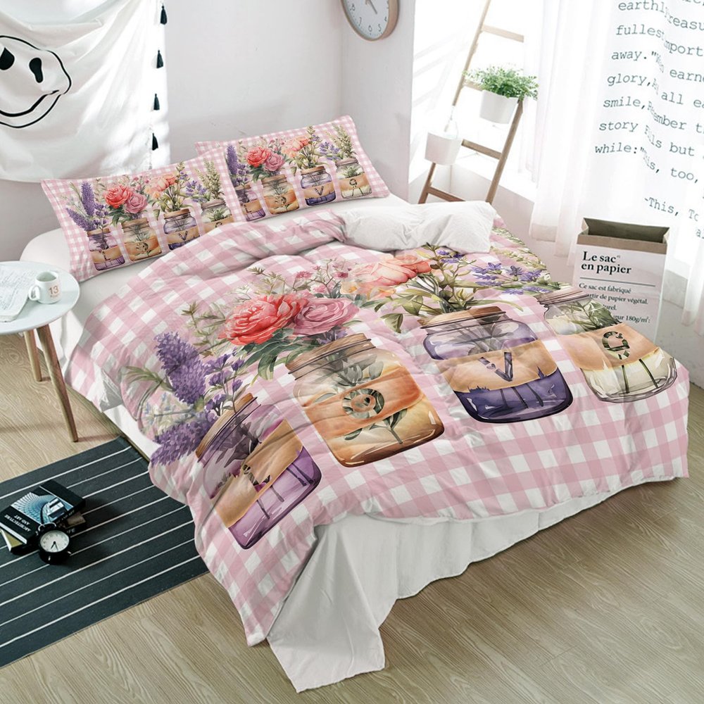 3 Piece Bedding Set,Valentine's Day Roses Flowers Lavender Breathable Duvet Cover Super Soft Pillow Shams,Pastoral Plants Pink White Check Washable Bed Sets All Seasons for Bedroom Dorm Hotel RV
