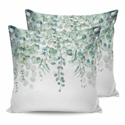 T&H XHome Throw Pillow Covers 20 x 20 Inches Set of 2 Green Eucalyptus Leaves Retro Plant Leaf Farmhouse Decorations Cushion Cover Zippered Square Pillowcase for Bedroom Living Room Sofa Couch