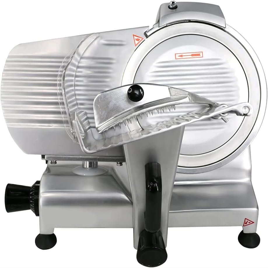 Hakka Meat Slicer, Commercial 10inch Blade Cheese Slicer Anodized Aluminum Electric Food Slicer Adjustable Thickness Semi-Auto Frozen Ham Slicer, 110V/150W, 1/5HP