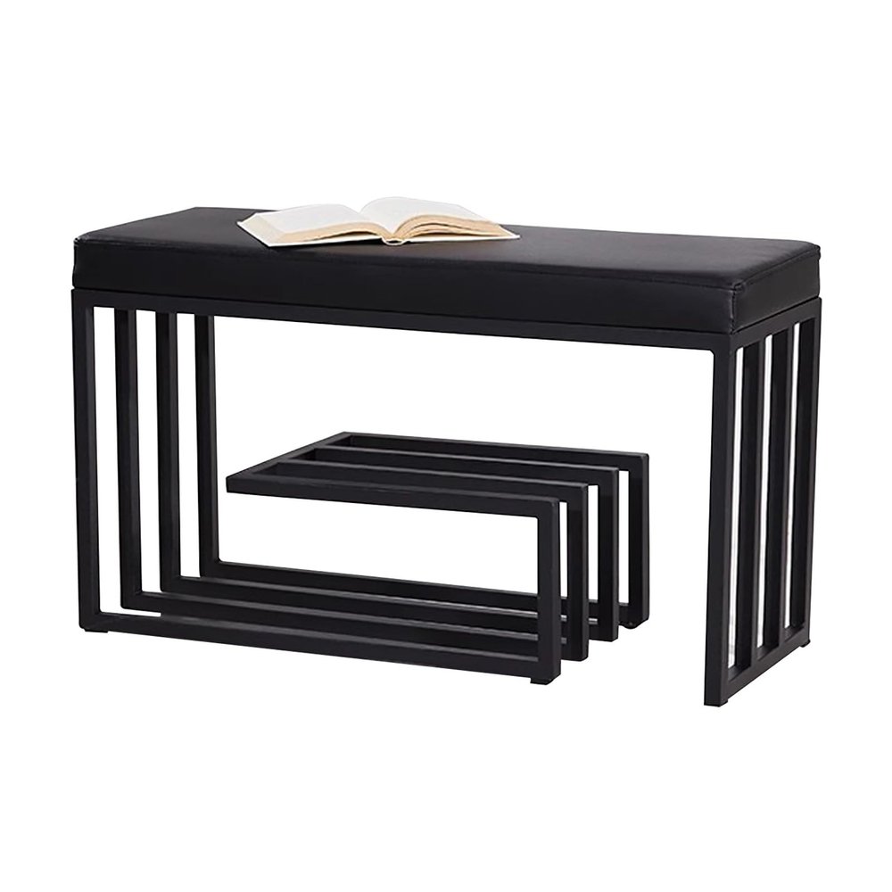 3-Tier Shoe Rack Bench - Black Metal Frame Entryway Shoe Bench with Storage and Padded Seat - Shoe Organizer for Entryway Bedroom Hallway