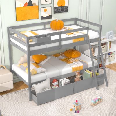Giantex Bunk Bed Twin Over Twin with 2 Storage Drawers, Solid Wood Bed Frame with Convertible Storage Cube, Safety Guardrails & Ladder, No Box Spring Needed, Twin Bunk Beds for Kids Teens (Grey)