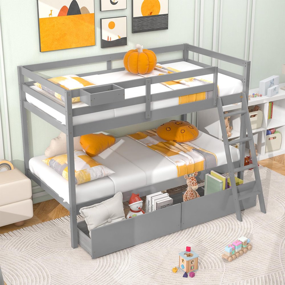 Giantex Bunk Bed Twin Over Twin with 2 Storage Drawers, Solid Wood Bed Frame with Convertible Storage Cube, Safety Guardrails & Ladder, No Box Spring Needed, Twin Bunk Beds for Kids Teens (Grey)