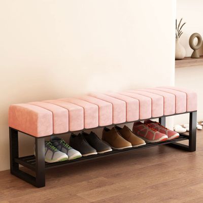 FUYAO Entrance Shoe Bench, 2 Tier Shoe Rack with Velvet Seats, Sturdy Metal Storage Bench, Large Capacity Shoe Organizer Rack for Bedroom Hallway Entryway Living Room