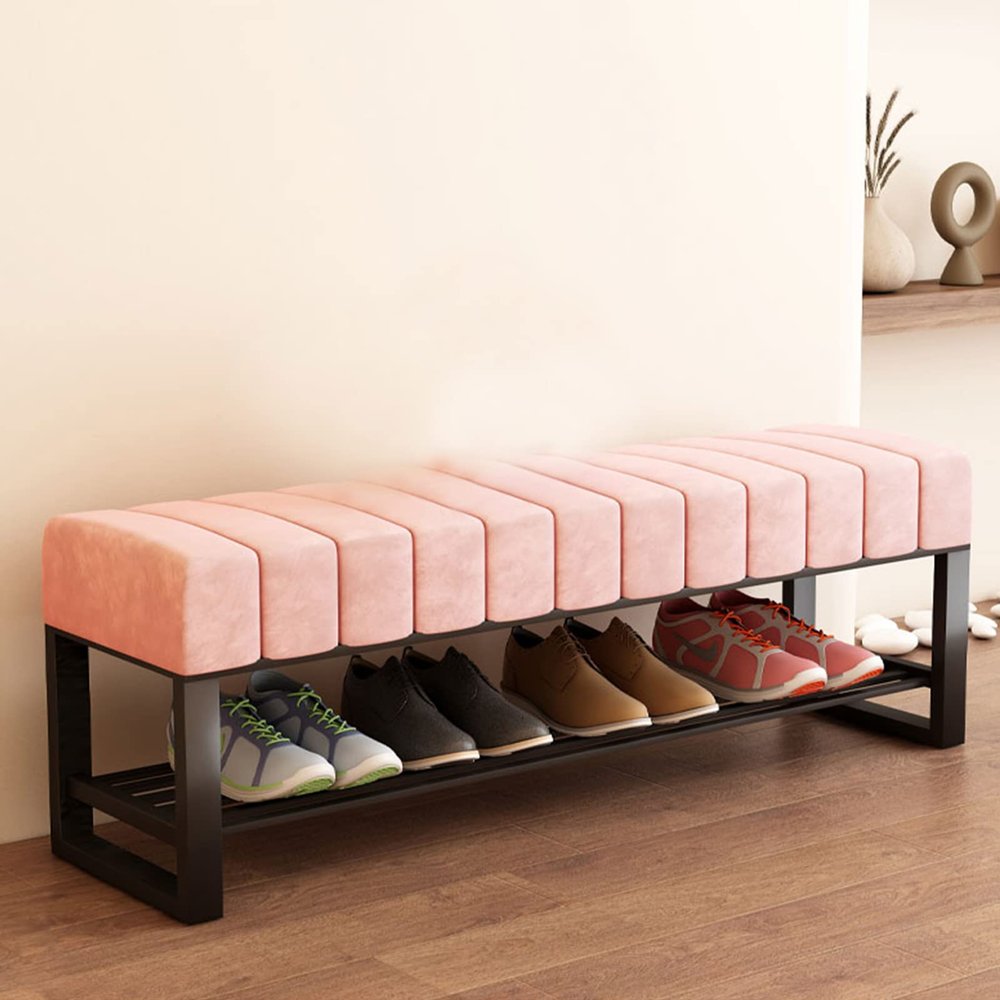 FUYAO Entrance Shoe Bench, 2 Tier Shoe Rack with Velvet Seats, Sturdy Metal Storage Bench, Large Capacity Shoe Organizer Rack for Bedroom Hallway Entryway Living Room
