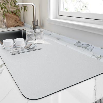 HotLive Dish Drying Mat for Kitchen Counter, Heat Resistant Drainer Mats with Non-slip Rubber Backed, Hide Stain Kitchen Super Absorbent Draining Mat, Easy to Clean Dish Rack Pad, Light Grey 18"x32"