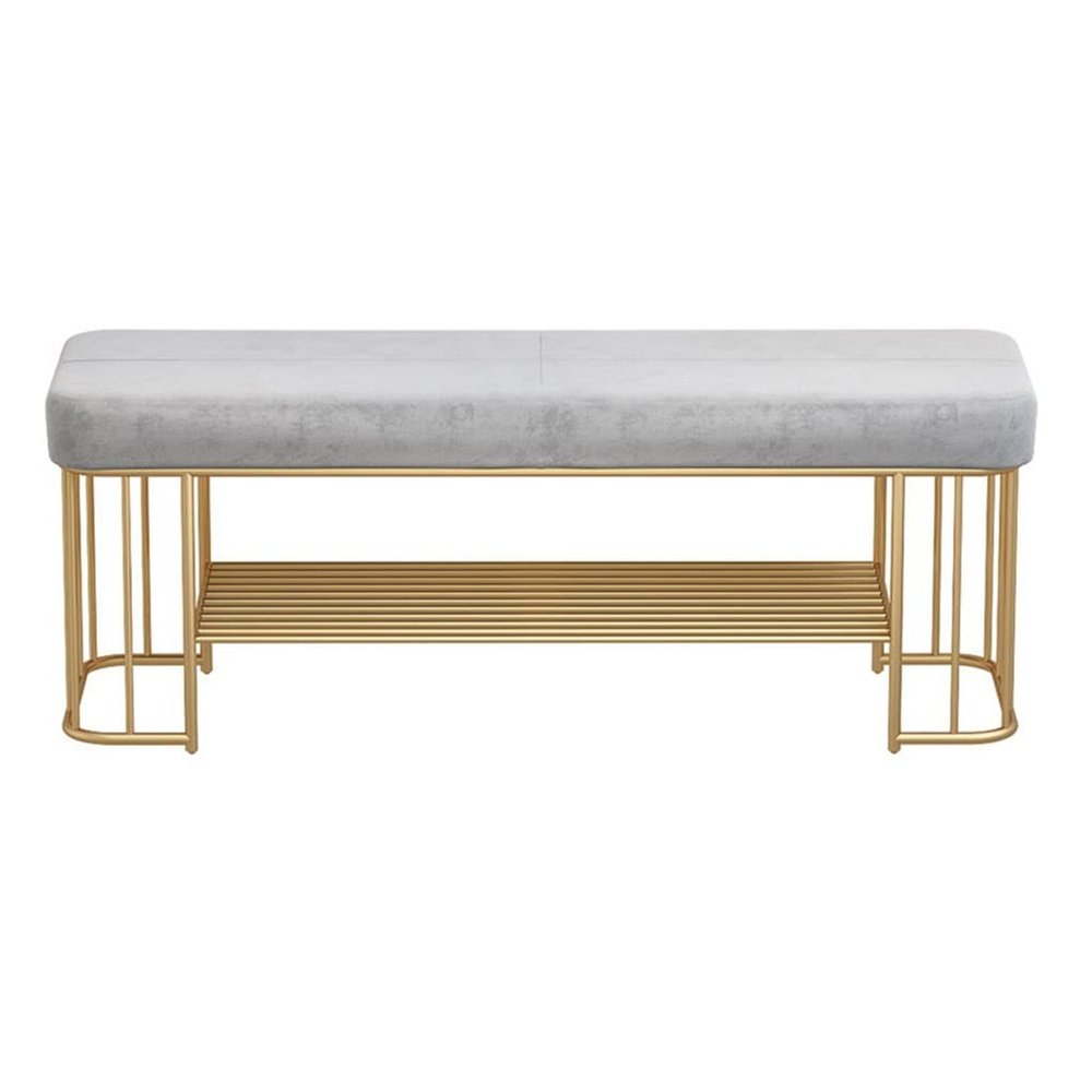 Upholstered Shoe Bench 2 Tier Shoe Rack Entryway Ottoman Bench for Living Room Metal Frame Shoe Rack Bench Elegant Storage Solution
