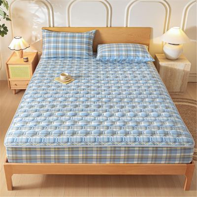 LMXSHJI Fitted Sheet Quilted Layer Cotton Fabric Mattress Protector Elastic Band Fixation Single Double Multiple Specifications (Color : Blue Plaid, Size : 63"x78.7"+10"/160x200cm+26cm)