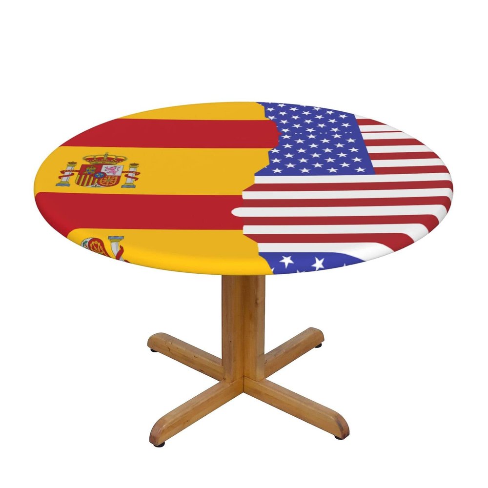 AMAZWI American Spain Flag Round Fitted Tablecloth,Table Cover with Elastic Edge,Waterproof Table Cloth for Party Picnic