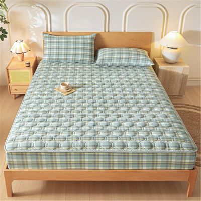 LMXSHJI Fitted Sheet Quilted Layer Cotton Fabric Mattress Protector Elastic Band Fixation Single Double Multiple Specifications (Color : Green Plaid, Size : 31"x74.8"+10"/80x190cm+26cm)